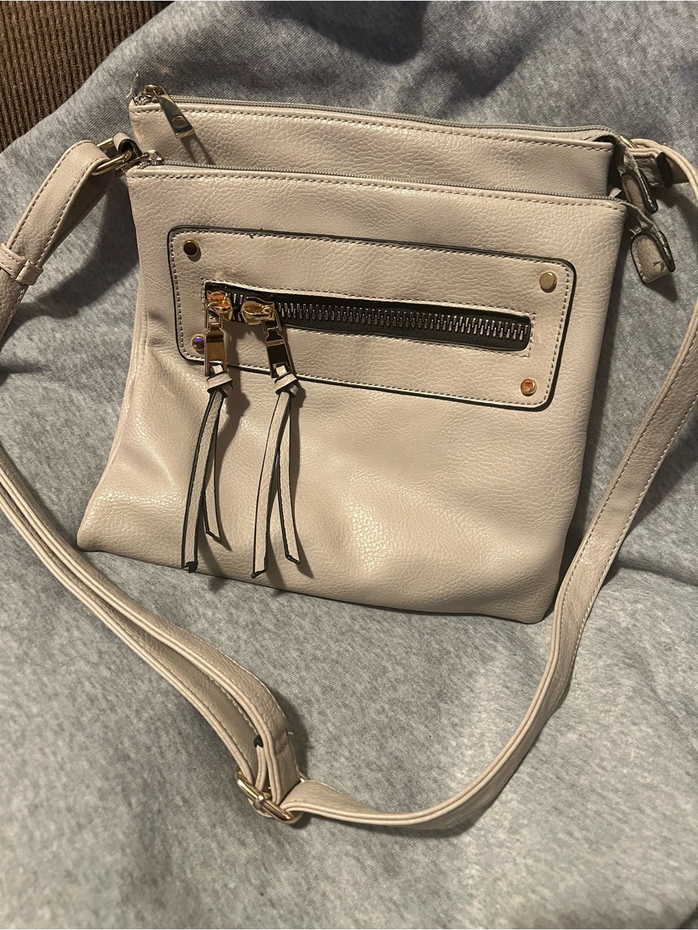 Neutral Cream Crossbody Bag with Front Zip Tassels